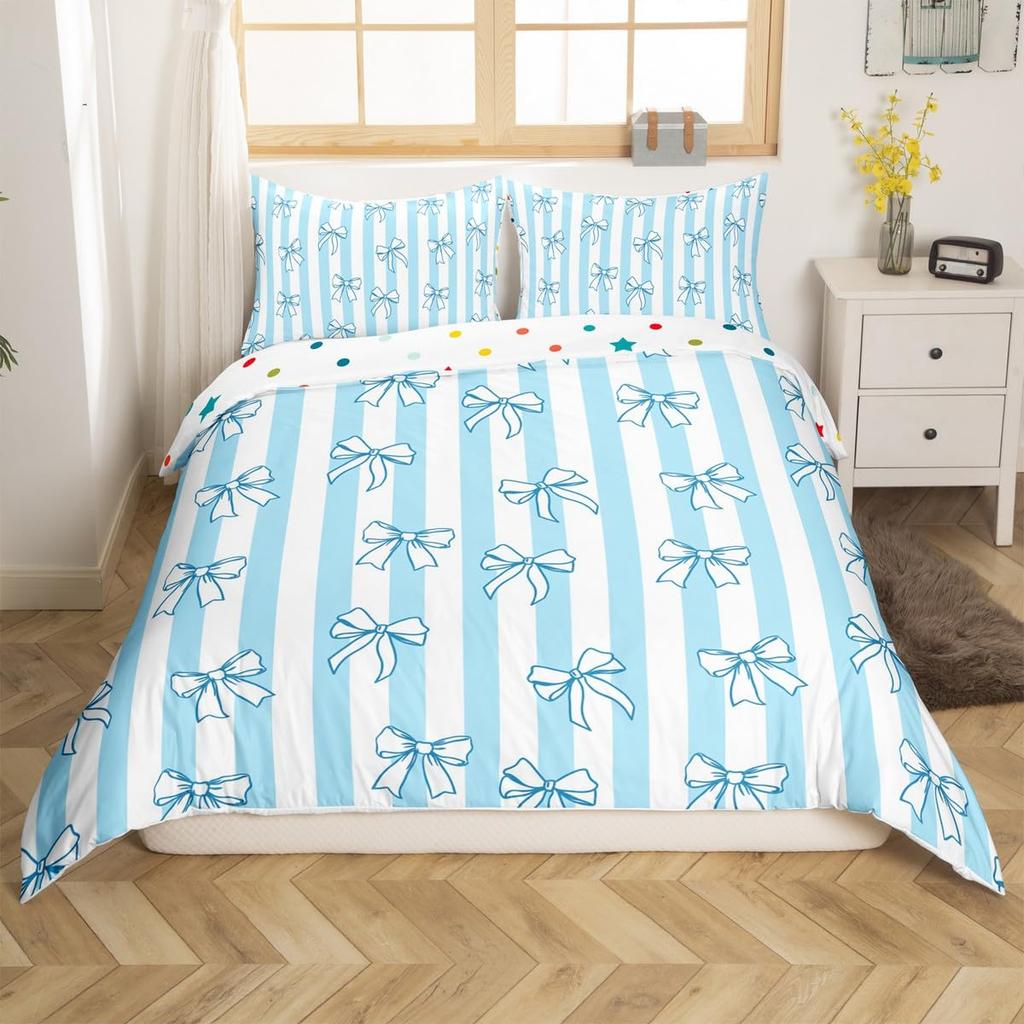 Cute Kawaii Bowknot Kids Duvet Cover Geometric Plaid Butterfly Knot Quilt Cover For Girls Teen Women Adults 3 Pcs No Quilt