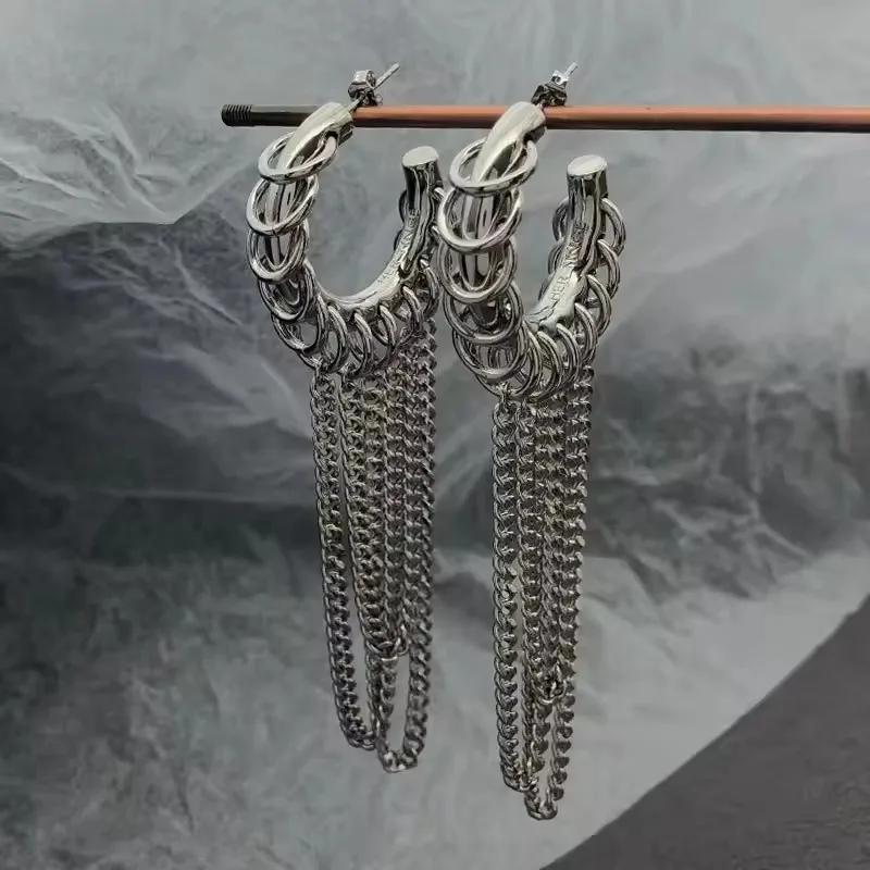 Новые серьги-кольца с цепочкой и кисточками Серьги-кольца из нержавеющей стали для женщин Панк Крутые Двухцветные Аксессуар из ювелирной стали