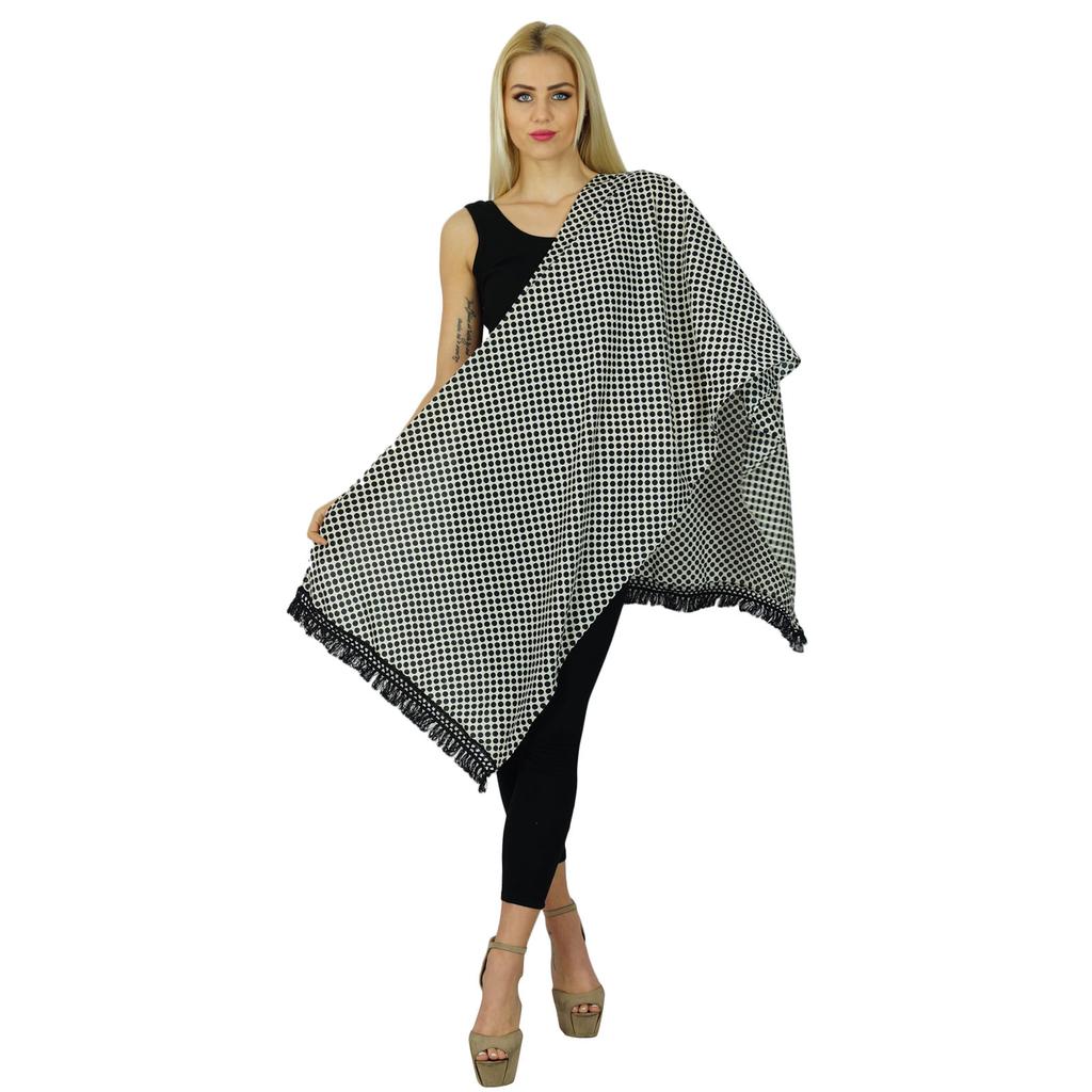 Bimba Women Long Cotton Scarf With Pom Pom Tassels Black Printed Scarves Accessories Gift For