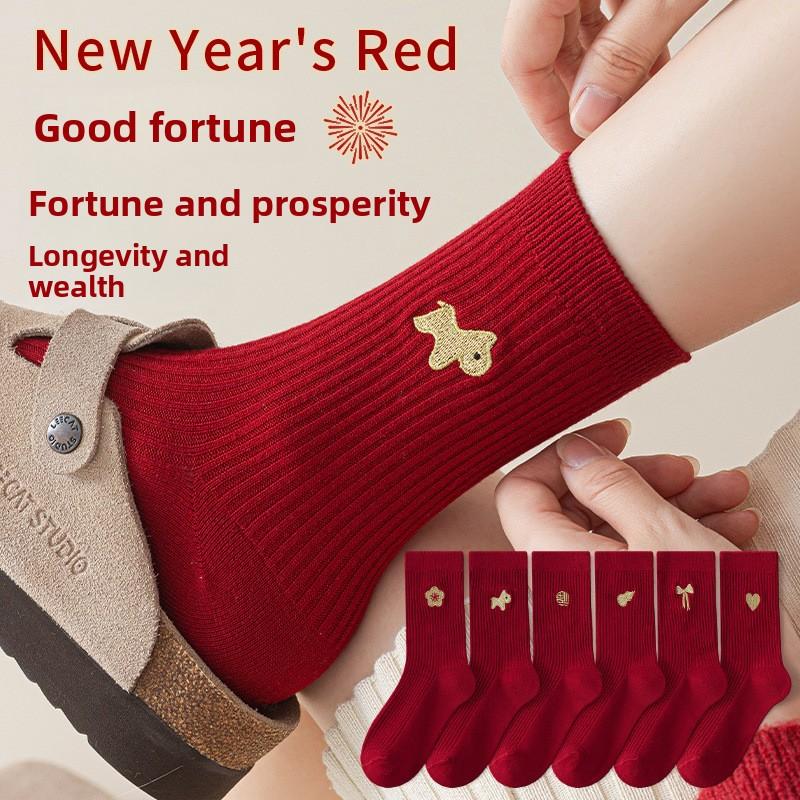 Вышитые красные носки для осени и зимы, ярко-красные новогодние теплые женские носки до середины икры, зимние свадебные носки