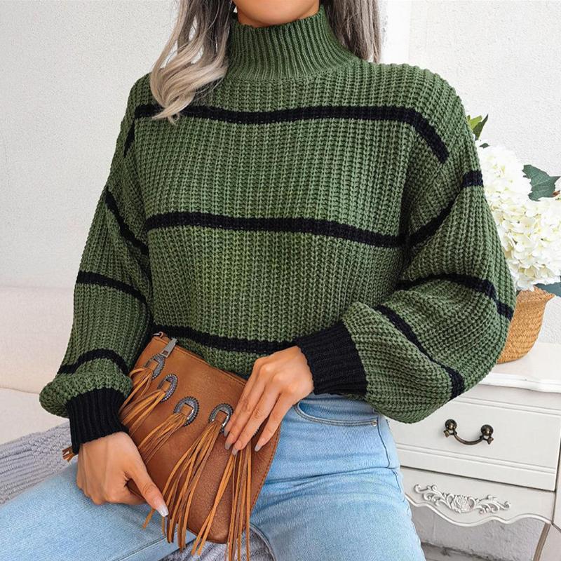 Повседневный полосатый свитер, женский свободный вязаный топ с рукавами-фонариками, полуводолазка