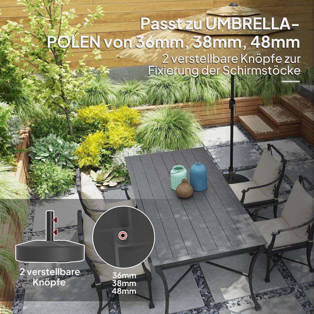 Parasol base, fillable up to 30 kg. Round parasol holder for parasols 36/38/48 mm. Black