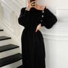 Autumn Winter Lady Dress Knitted High Collar Neck Protection with Belt Long Lantern Sleeves Ankle Length Button Decor Solid Color Maxi Dress