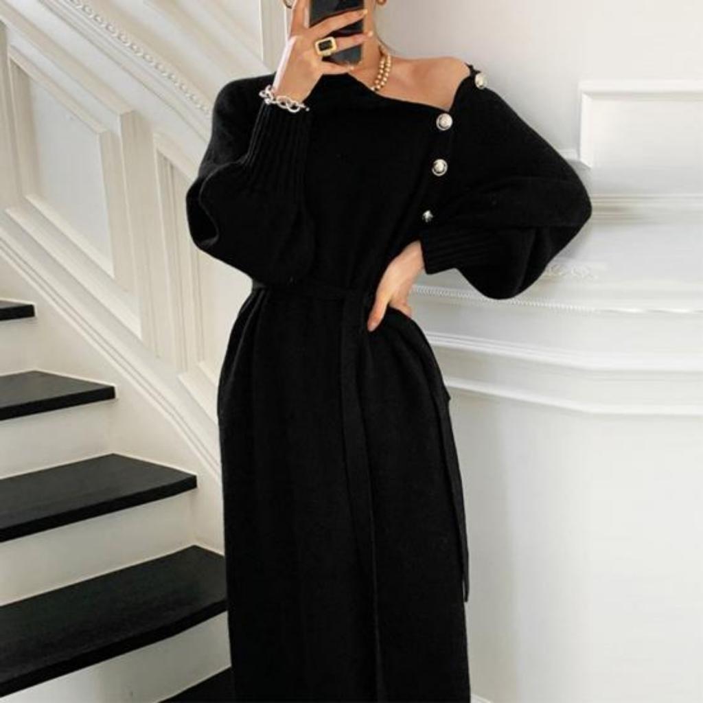 Autumn Winter Lady Dress Knitted High Collar Neck Protection with Belt Long Lantern Sleeves Ankle Length Button Decor Solid Color Maxi Dress