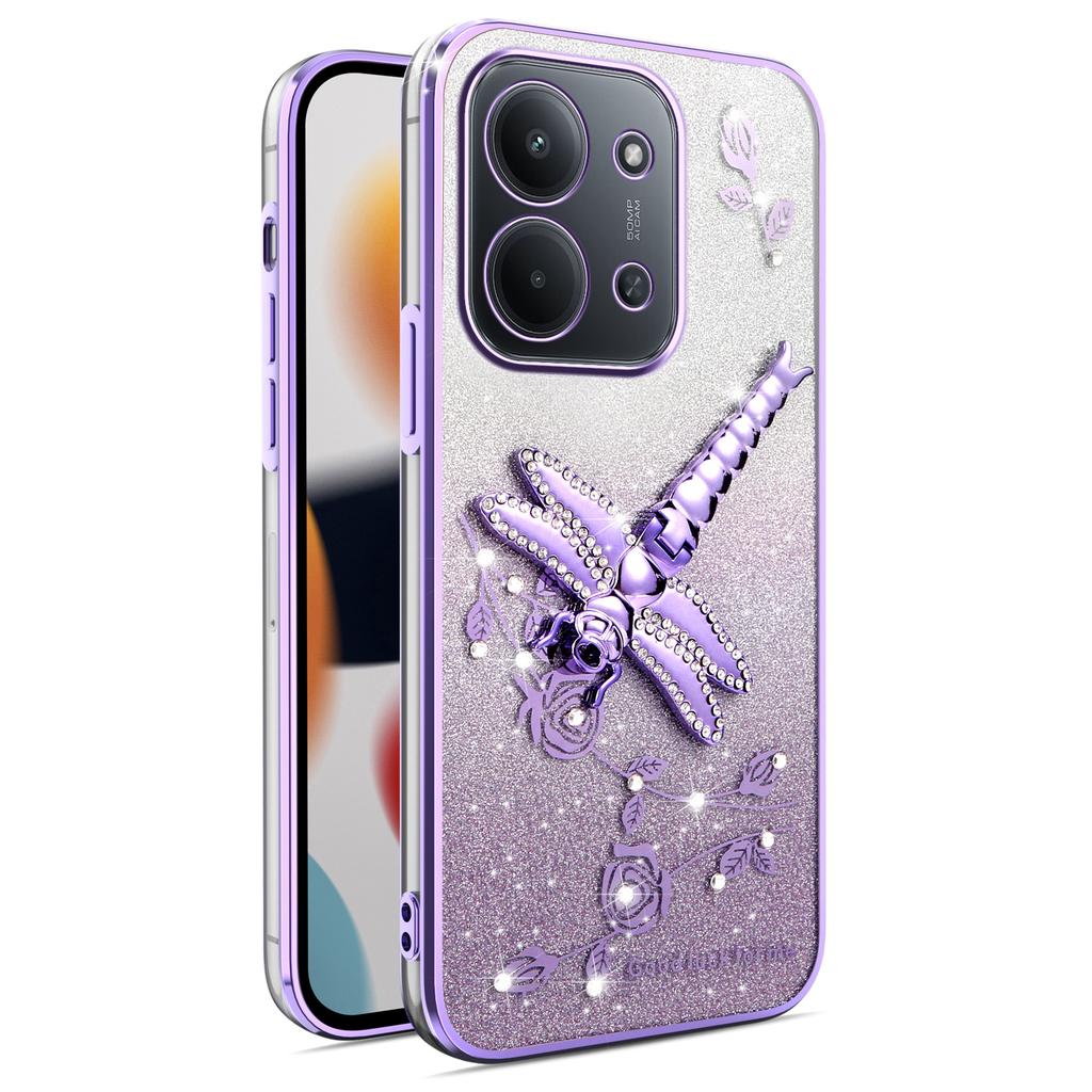 Phone Case For Xiaomi Redmi 15C 4G (EU) (173mm)/15C 5G (EU) (173mm)/Poco C85 Dragonfly Kickstand TPU Flowers Glitter Cover