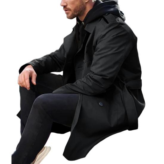 Men Autumn Winter Solid Color Windbreaker Lapel Long Sleeve Double-breasted Pockets Belt Slim Fit Long Coat Streetwear