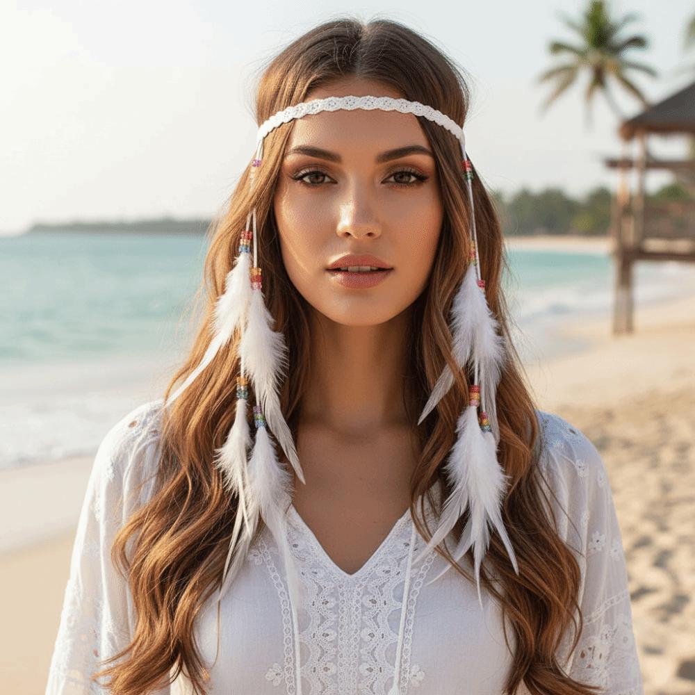 Изящная crocheted лента Бохо с кисточками для волос Племенные перья для наращивания волос Наряд для островного отдыха
