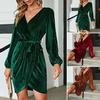 Женское платье для свиданий с V-образным вырезом и завязывающимся поясом, тонкая талия, длинные рукава, бархатная ткань, неровный подол, вечернее платье, однотонное мини-платье для выпускного вечера