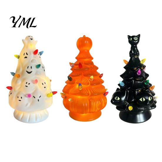 Decorative Lights for Parties Halloween Tree Decorations, Lighted Resin Figurine with Pumpkin Black Cat Holiday Scene Decor Ghost, Battery-Powered