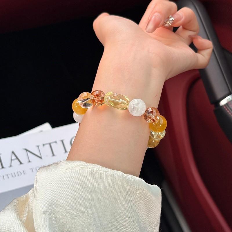 Handmade French Style Bracelet Women With Natural Yellow Fluorite Gold Foil Resin Flower Lemon Quartz Beads 12mm