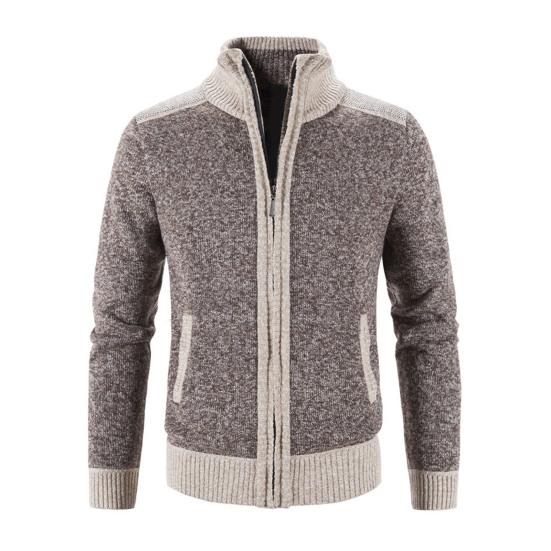 Plaid Lined Zipper Closure Male Sweater Coat Long Sleeve Patchwork Color Pockets Stand Collar Sweater Coat Men Knitwear