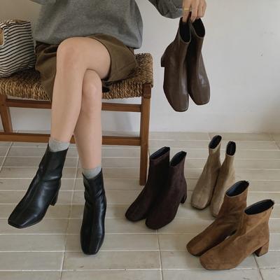 Высокий каблук квадратный носок задняя молния простые маленькие ботильоны ретро темперамент тонкие ботинки универсальные модные ботинки ботинки Мартин женские