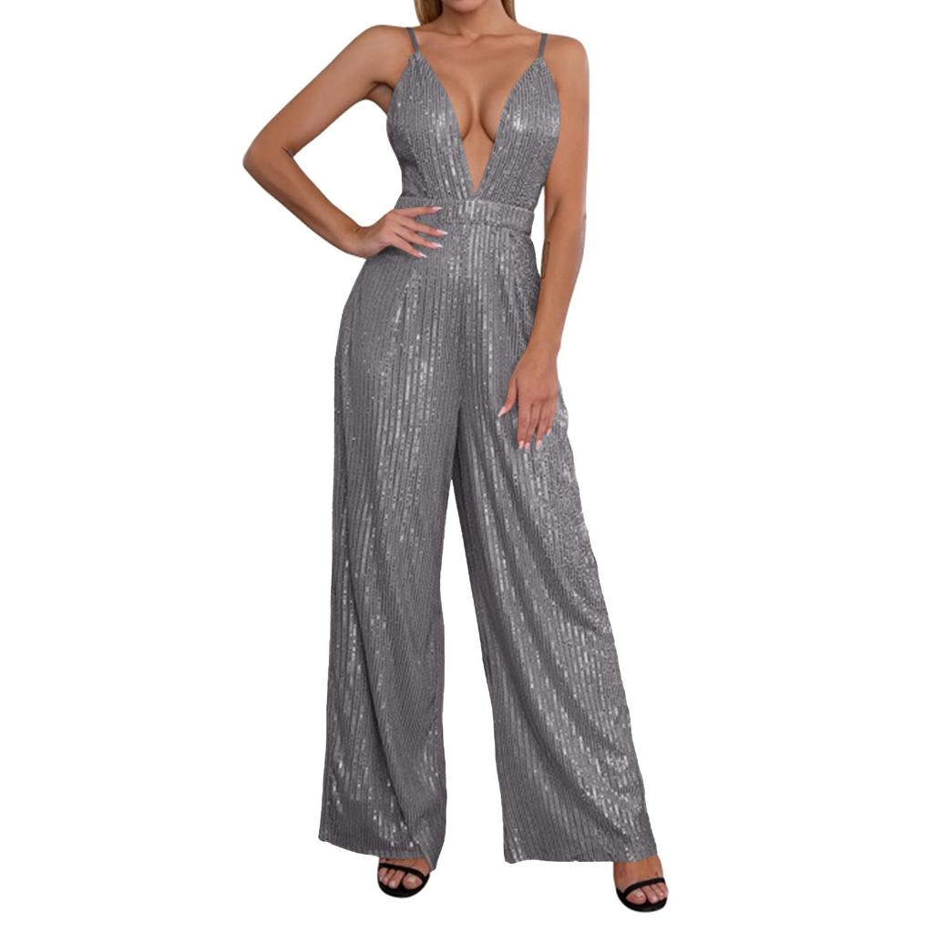 Женский модный повседневный комбинезон с V-образным вырезом, открытой спиной, без рукавов, с пайетками, однотонный