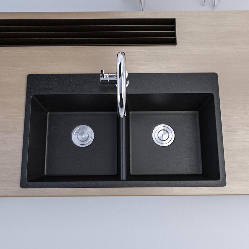 TLXT Matte Black Quartz Double Kitchen Sink