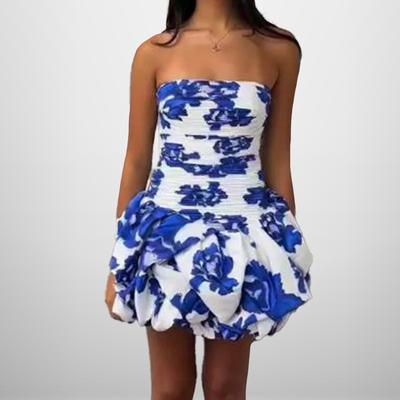 Новый весенний стиль синее платье с принтом на поясе, с высокой талией и плиссировкой