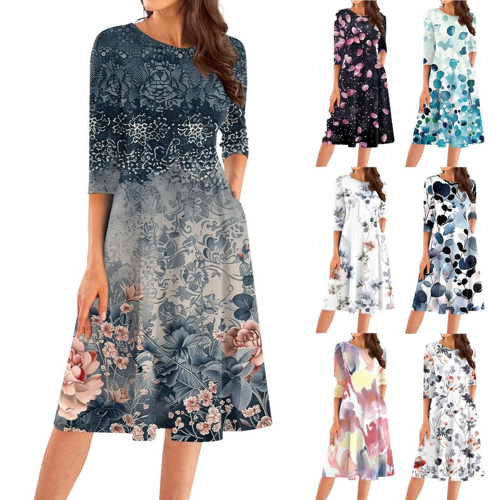 Women's Casual Fashion Round Neck Three Quarter Sleeve Print Midi Dress