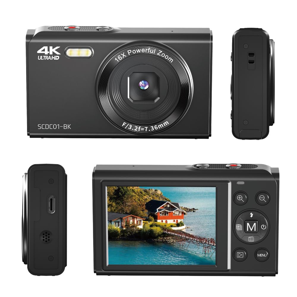 SACCONNECT Compact Digital Camera Approximately 13MP CMOS Smile IPS 16x Digital MicroSD Card Video Retro White Metering Continuous Slow Time Made in