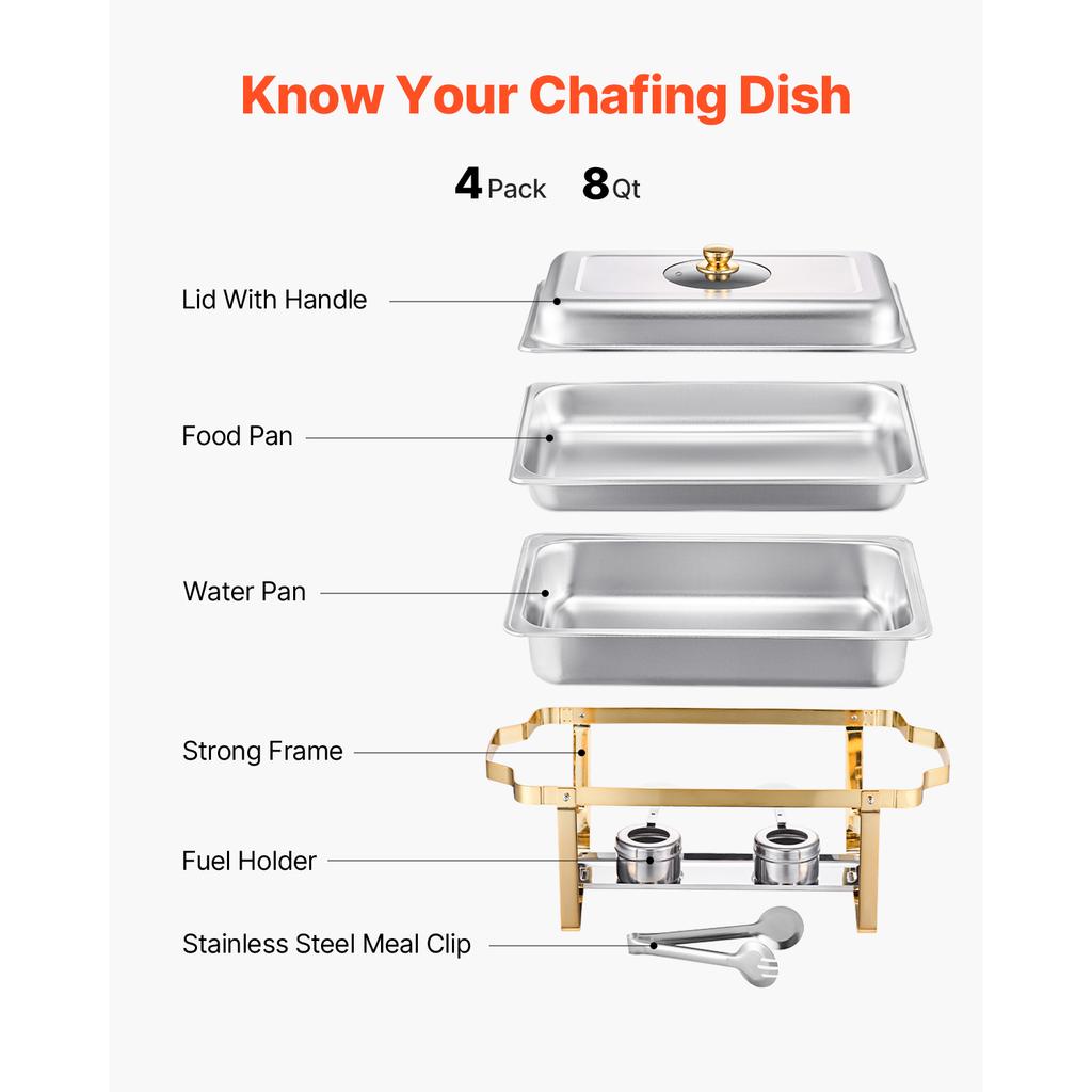 SucceBuy Chafing Dish Buffet Set 8 Qt 4 Pack Stainless Steel Chafer with 4 Full Size Pans Rectangle Catering Warmer Server