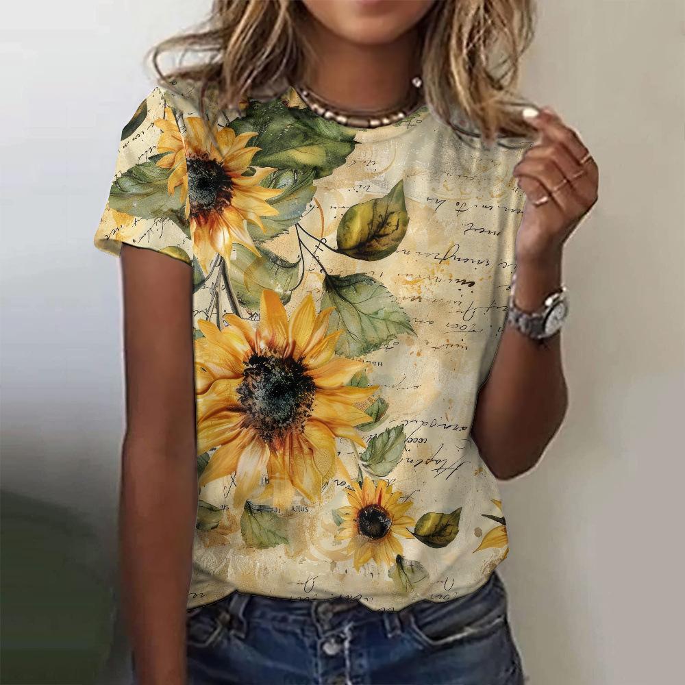 Ladies' Loose Summer Elegant Retro Women's Clothing 3D Printed Sunflower Top Short Sleeved T-shirt
