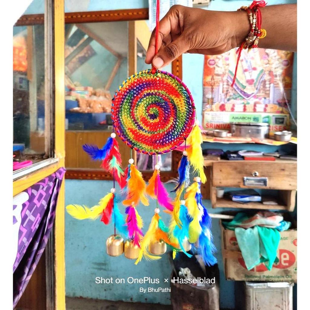 Metal, Bell, Feather, Bead, Thread Wind Chime Dream Catcher for Wall Decor, Bedroom, Balcony, Garden, Kids Room (30 Cm X 13 Cm) Small (Multi)