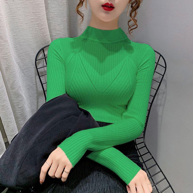 Half High Neck Mesh Hollowed Out Sweater for Women In Autumn and Winter Korean Version with Carved Lace and Knitted Base Women's Top