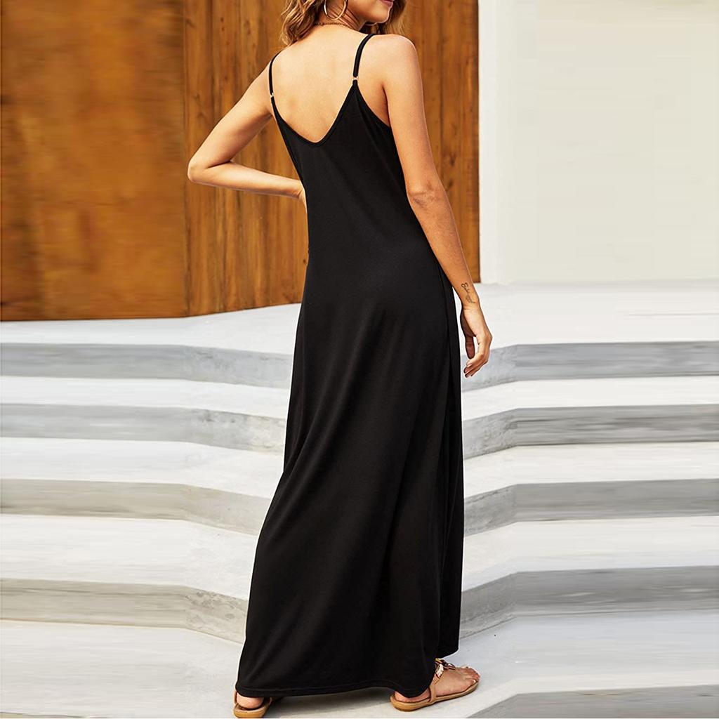 Women's Sleeveless Loose Plain Maxi Dresses Casual Cami Long Dress With Pockets