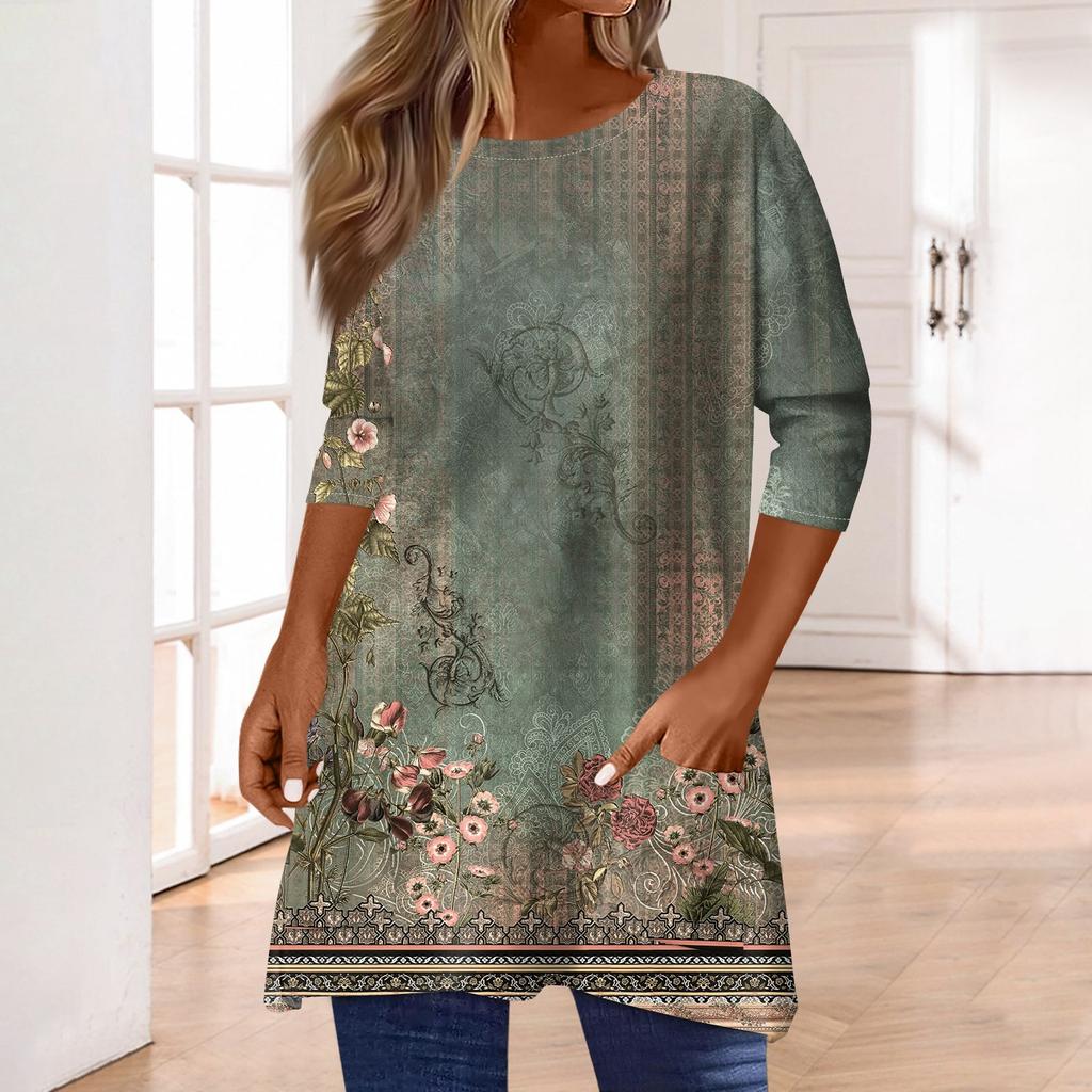 Топы с рукавами 3/4 для женщин, футболка, повседневные топы с принтом, футболка, пуловер с круглым вырезом, блузка