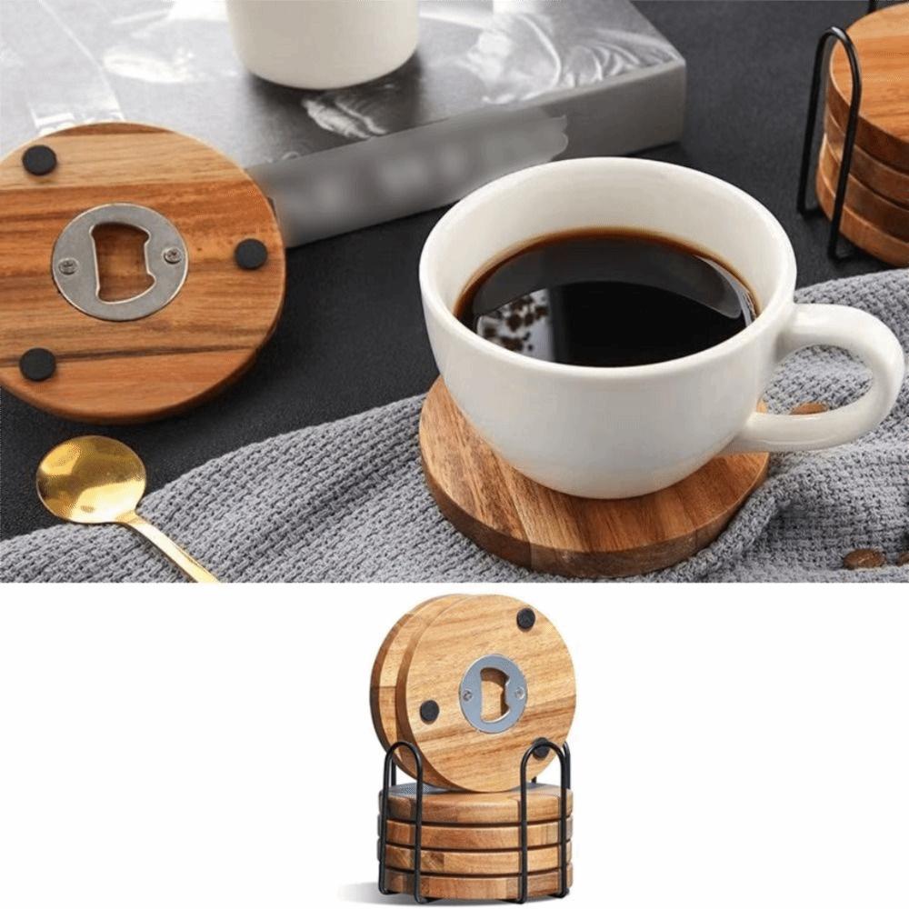6PCS 2 in 1 Wood Coaster with Bottle Opener Non-Slip Round Insulated Cup Pad with Storage Rack Party Cup Mat Set Bar