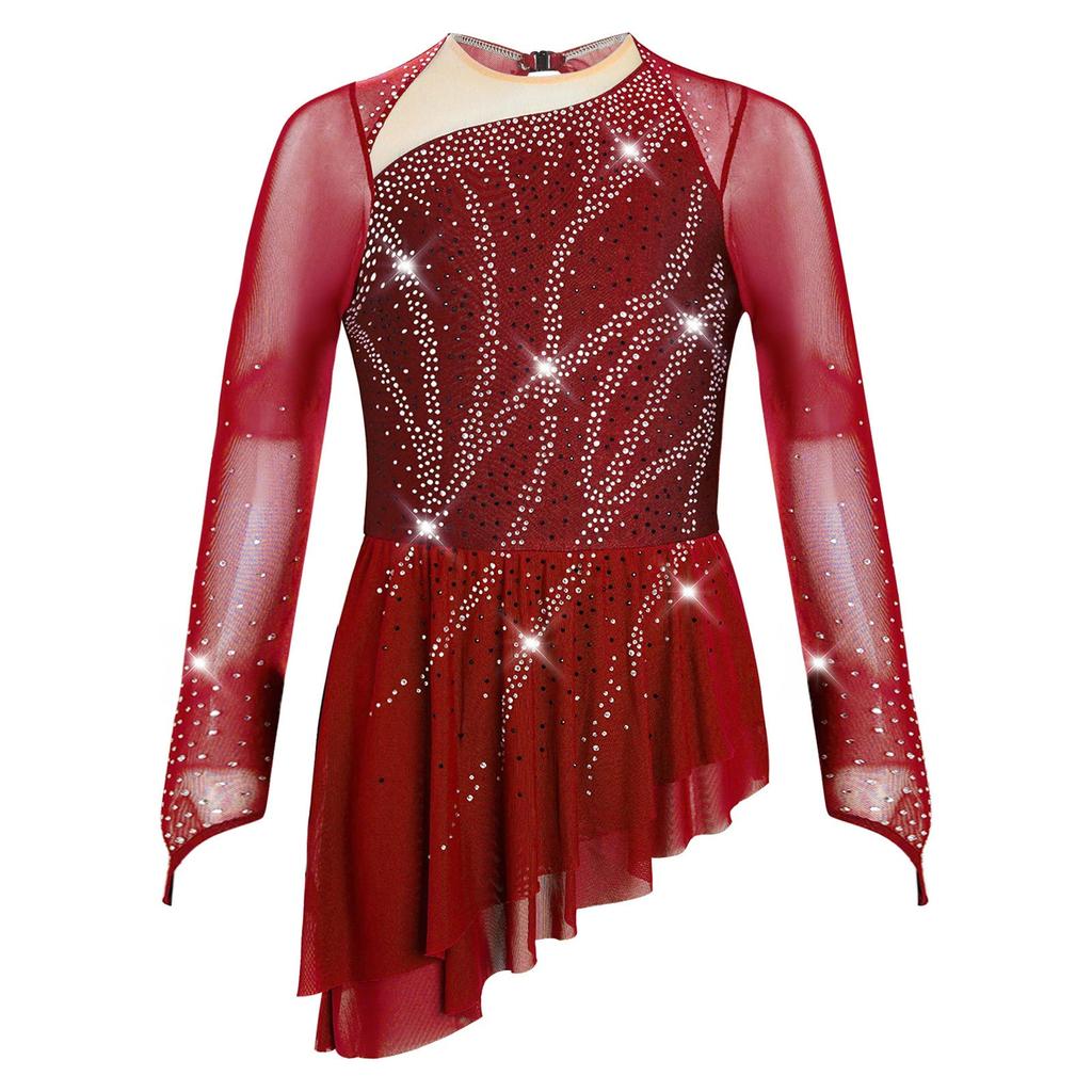 Girls Lyrical Dance Dress Sheer Mesh Long Sleeves Cutout Back Design with Sparkly Rhinestones Asymmetric Hem Skirt