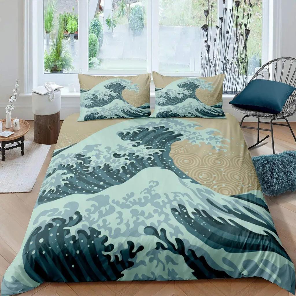 Японская волна Король Королева Пододеяльник Синий Морской Постельный комплект Кленовый лист Луна Покрывало Хокусай Укиё-э Полиэстер Чехол для одеяла