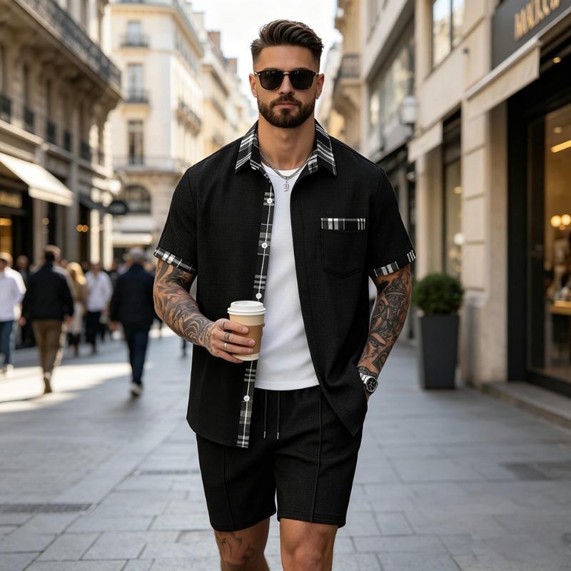 Men S Waffle Plaid Short Sleeve Shirt And Shorts Two Piece Set
