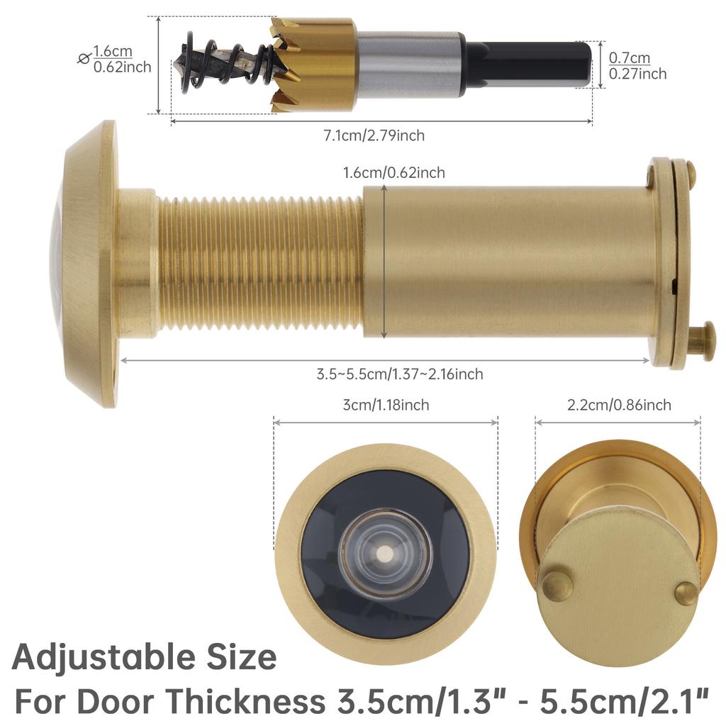 Solid Brass 16mm Door Peephole 200 Degree HD Lens Privacy Cover Titanium Drill Bit Heavy Duty Universal 35-55mm Door