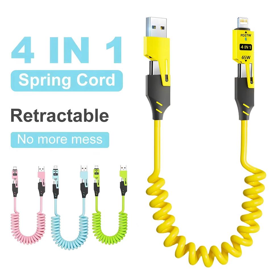 4 in 1 65W Spring Fast Charging USB C Cable For iPhone Xiaomi Redmi POCO Huawei Honor Universal Quick Charging Type C USB Cable