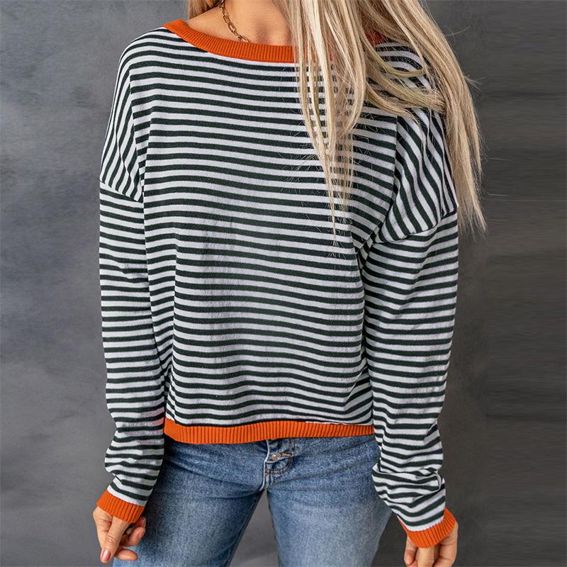 Повседневный полосатый контрастный цвет с длинными рукавами и круглым вырезом женская одежда свитер