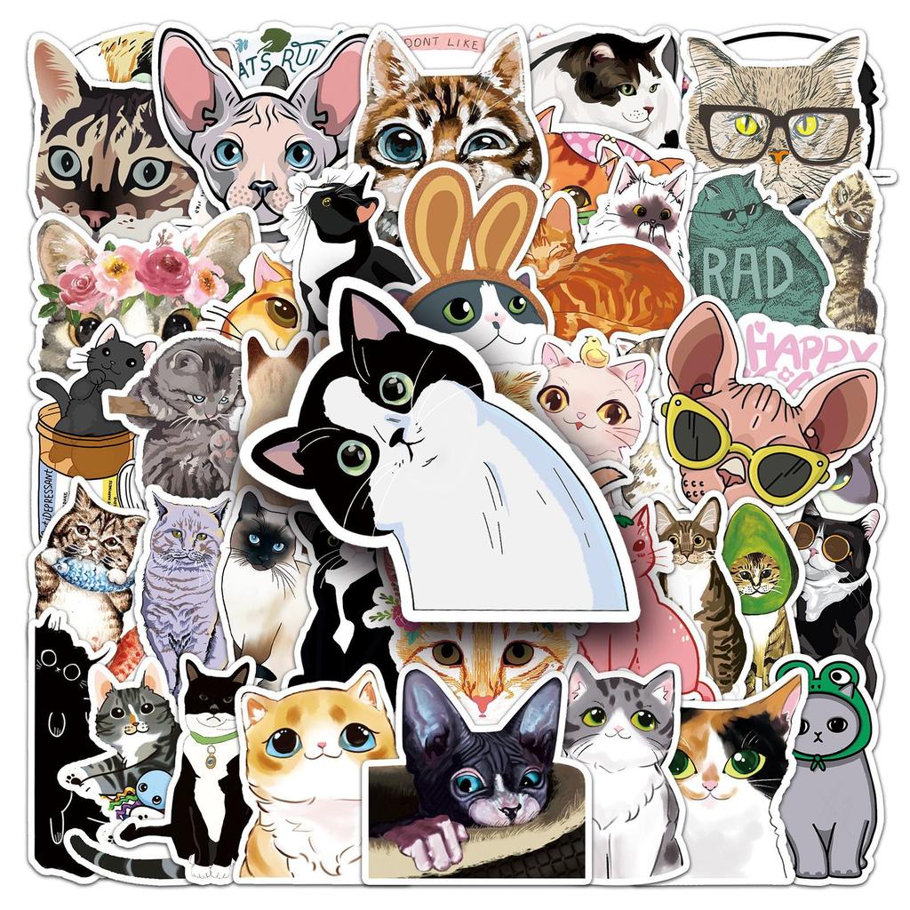 50 картинок персонализированных милых кошачьих мультяшных дудл наклеек для украшения блокнота, чемодана, автомобиля, самоката