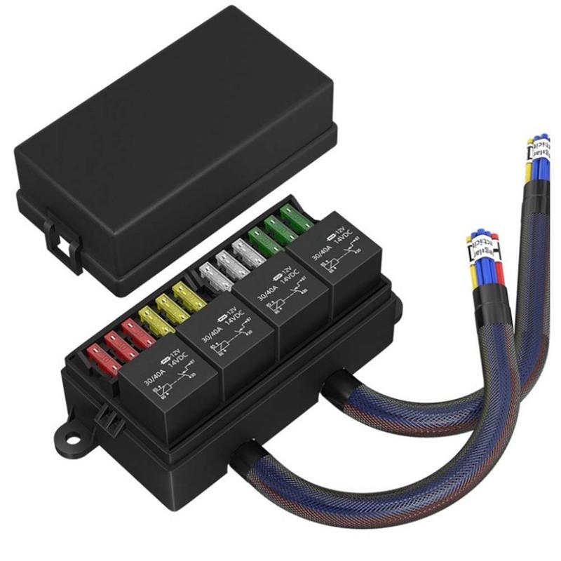 12V Fuse Relay Box with 4 Relays and 12 ATCATO Fuses Prewired with ABS Housing for Vehicle Electrical Circuits
