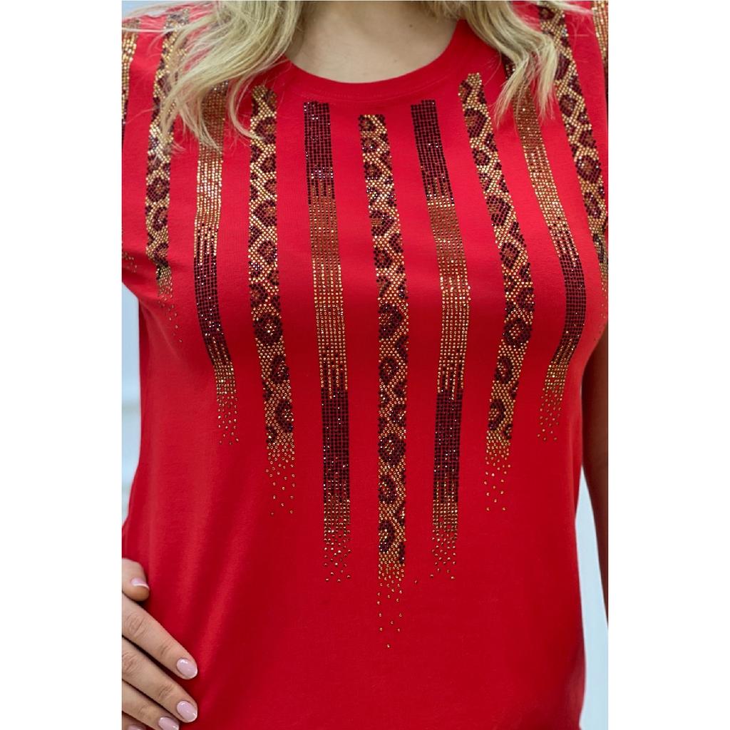 Хлопковая черная женская футболка с коротким рукавом и круглым вырезом с леопардовым принтом и кристаллами больших размеров