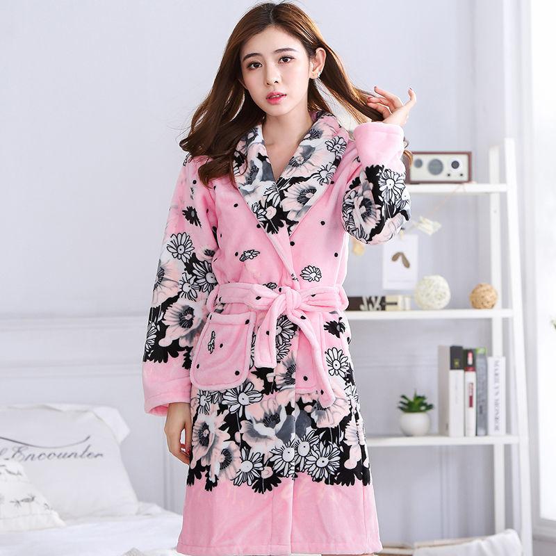 Printed Flannel Pajamas Coral Fleece Nightdress Robes Indoor Homewear Mid Length Bathrobes