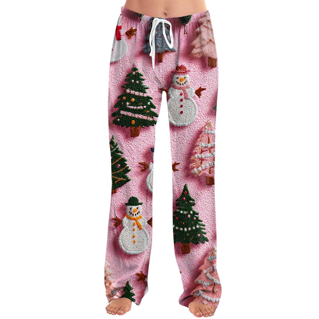 Ladies' Loose And Casual Christmas Printed Wide Leg Pants With Elastic Waistband Drawstring And Pocket Pants