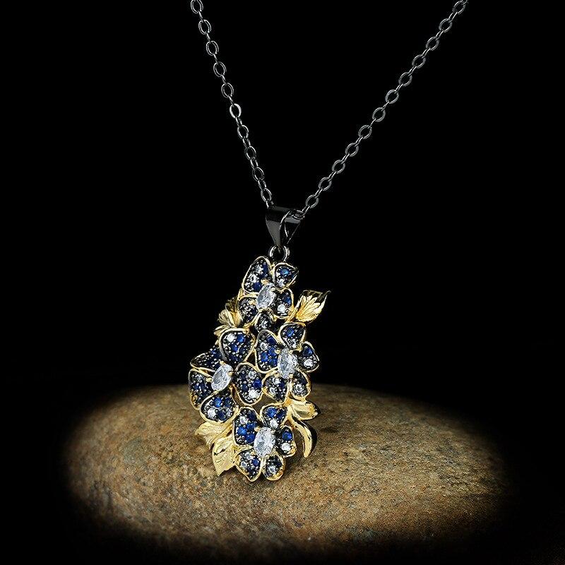 Изысканное женское ожерелье с синим цирконом, инкрустированная подвеска в форме цветка, цепочка на ключицы, вечерняя женская цепочка для свитера, ювелирные изделия из черного золота