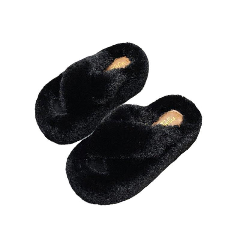 Импортные тапочки большого размера, пушистые, женские, осенне-зимние, новые, домашняя одежда, верхняя одежда, внутренняя часть из бархата, толстая подошва, 7 см, перекрестные, пушистые, перетаскиваемые