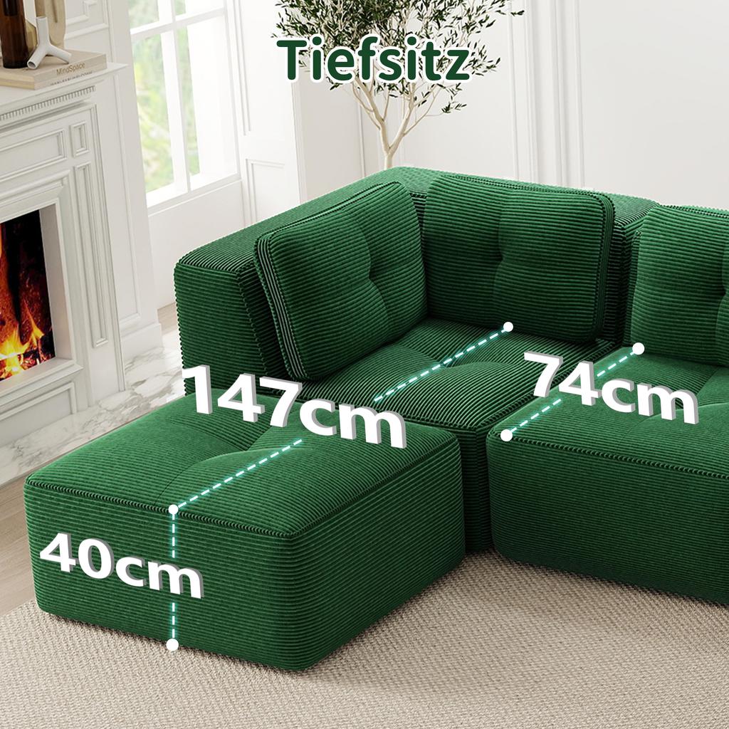 Modular corner sofa, two-seater, frameless L-shaped sofa with movable footrest, corduroy fabric, suitable for living room and bedroom, Green