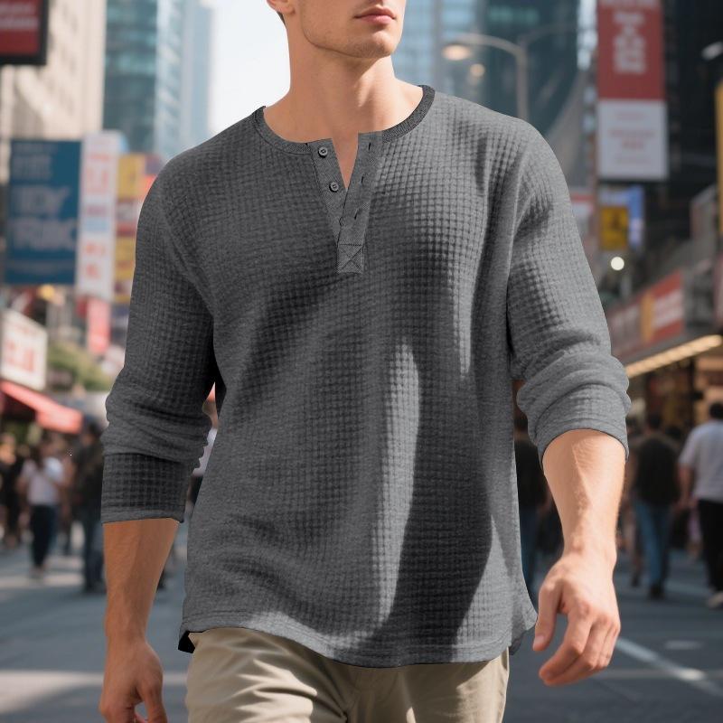 Мужская винтажная повседневная футболка-henley с длинным рукавом и жаккардом