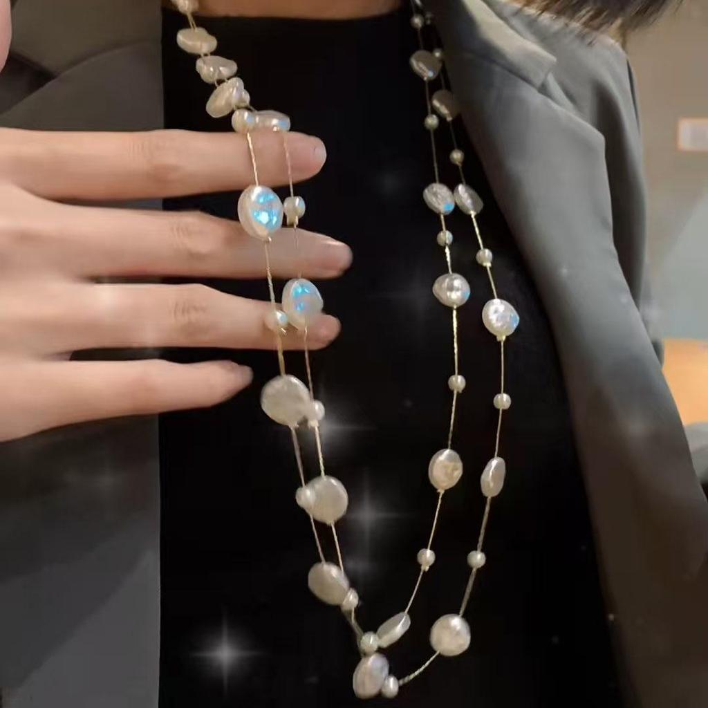 Французская жемчужная многослойная цепочка для свитера: Женское высококлассное звездное ожерелье для шикарного стиля