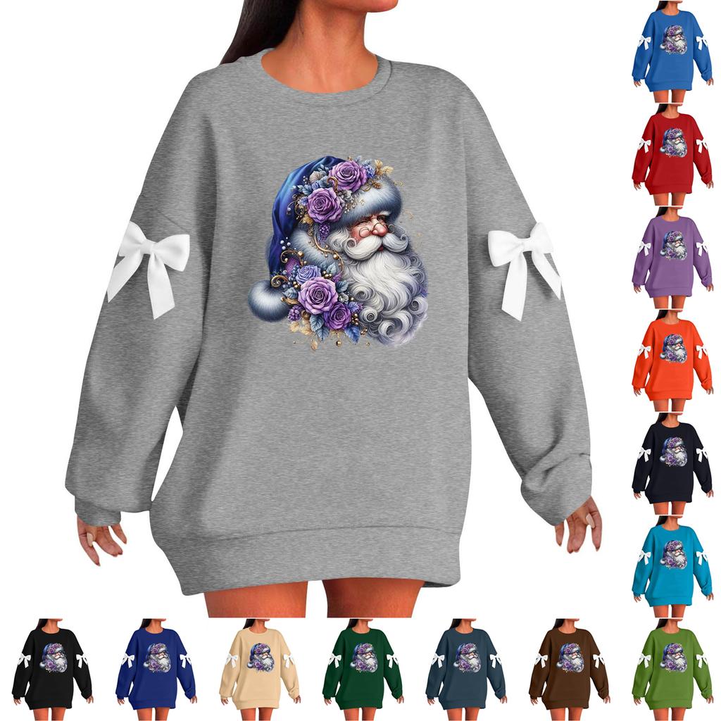 Ladies' Christmas Printed Bow Round Neck Long Sleeved Loose Pullover Sweater Sweatshirt Top