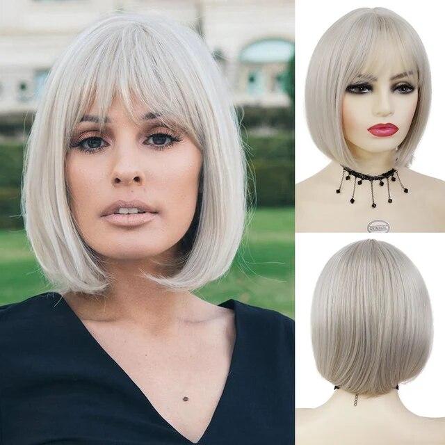 Короткий парик Боб Синтетические шелковистые прямые волосы с челкой для белых женщин Косплей Лолита Натуральный красивый розовый парик