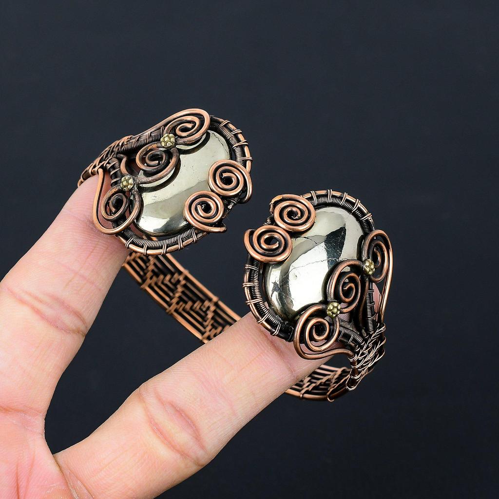 Золотой апачский пирит драгоценный камень чистая медная проволока обернутая вручную манжета / браслет регулируемые ювелирные изделия