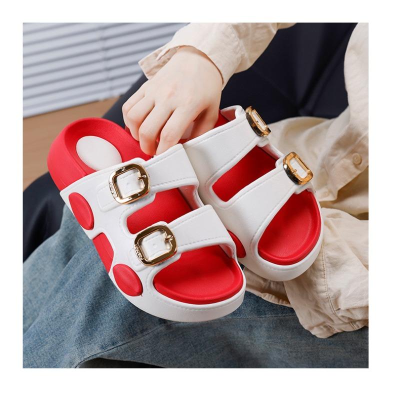 New Two-tone Double Buckle Strap Women Slides Non-slip Thick EVA Platform Casual Indoor Outdoor Slippers