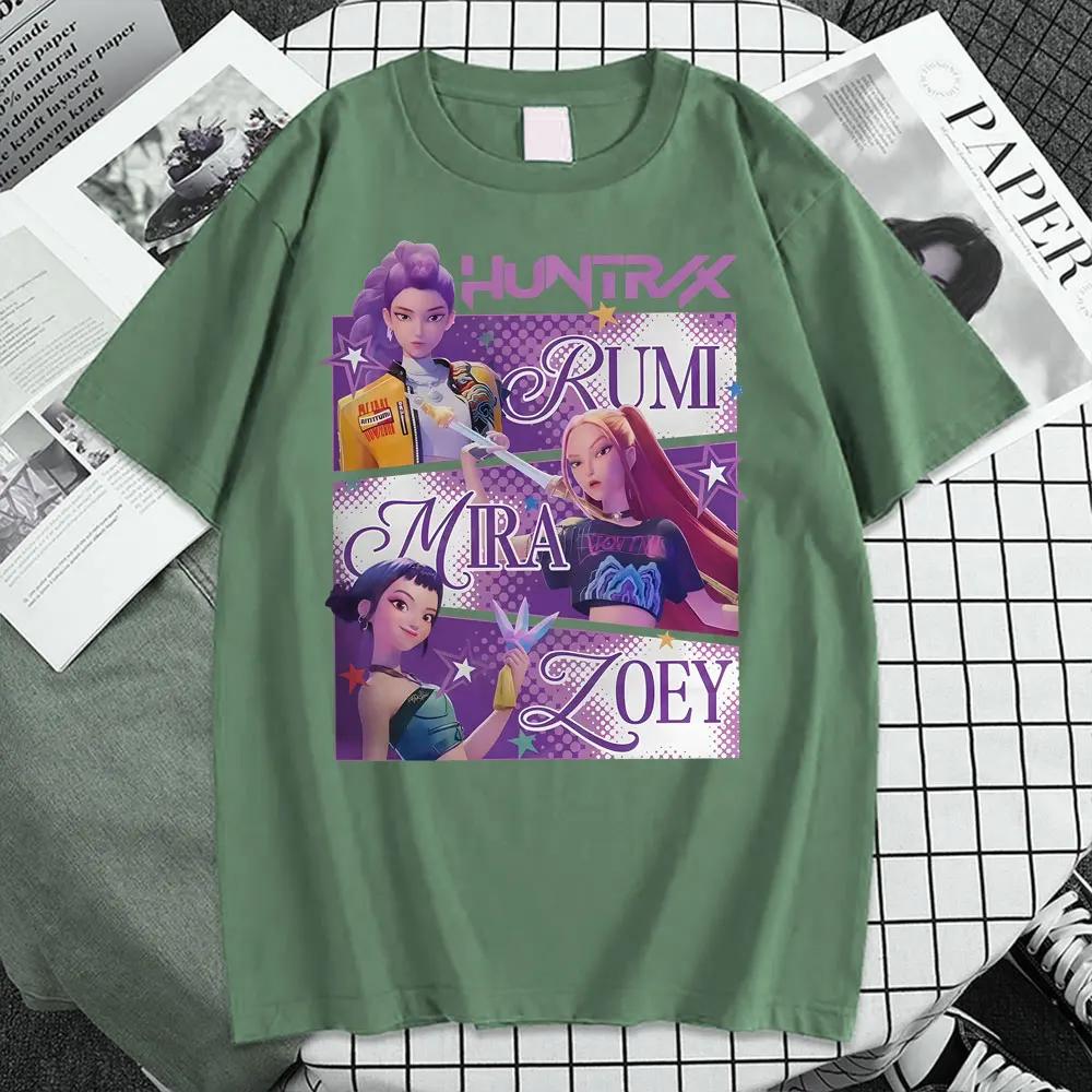 Модная K-pop футболка Охотники на демонов Huntrix Girl Rumi Zoey Mira Графическая футболка Мужская Женская 100% Хлопок Корейская уличная одежда Топ