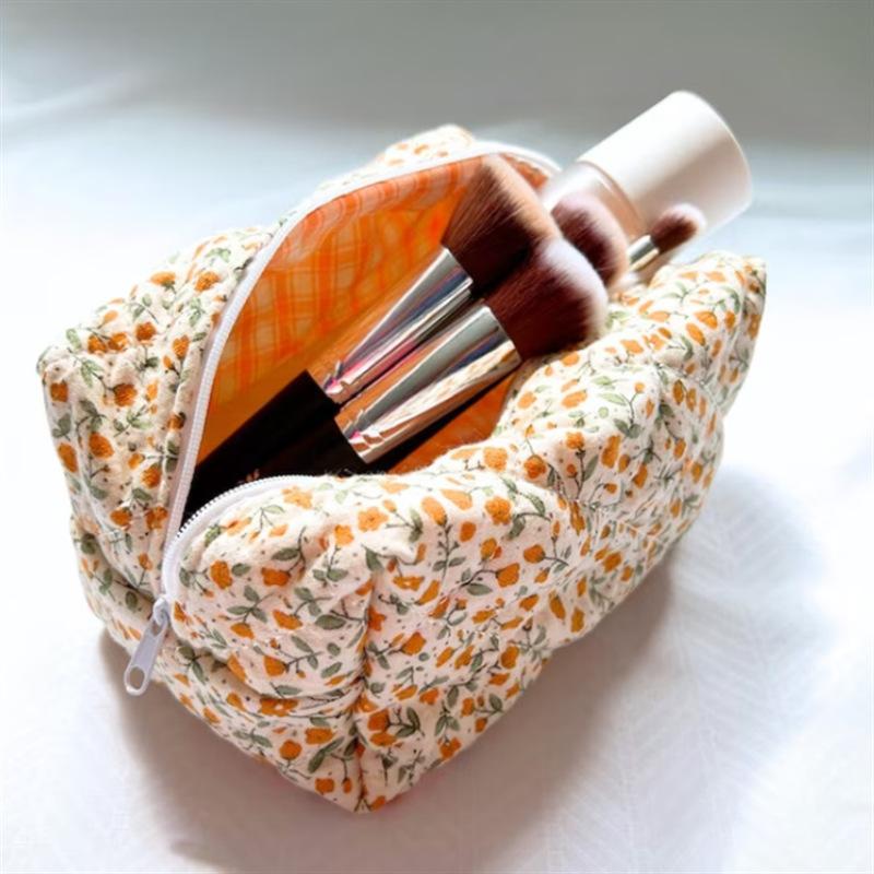 Storage Organizer Floral Puffy Quilted Makeups Bags Flower Printed Cosmetic Pouch Large Travel Cosmetics Bag Makeup Accessory